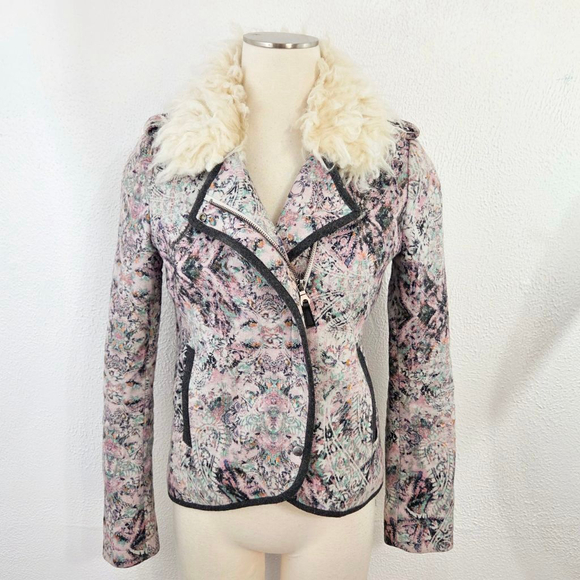 Anthropologie Elevenses paisley moto jacket pastel pink penny lane fur collar 2 - Picture 2 of 8